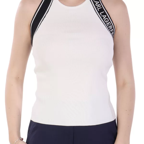 KARL LAGERFELD TOP KNIT LOGO HALTER TOP ΑΝΟΙΧΤΗ ΠΛΑΤΗ ΛΕΥΚΟ