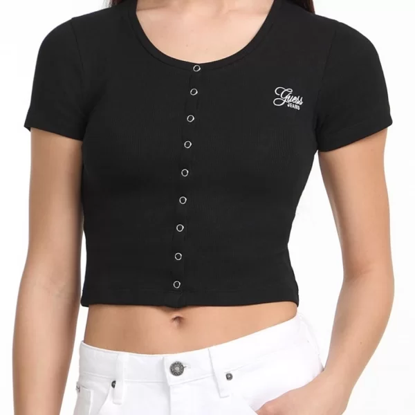 GUESS JEANS CROP TOP ΜΕ ΚΟΥΜΠΙΑ ΡΙΠ LOGO ΜΑΥΡΟ