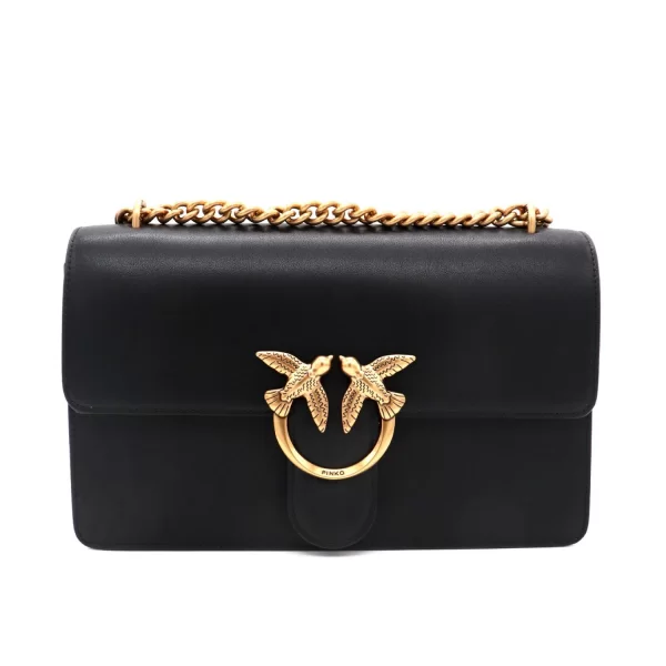 PINKO ΤΣΑΝΤΑ LOVE ONE CLASSIC DC VITELLO SETA LOGO ΜΑΥΡΟ-ANTIQUE GOLD
