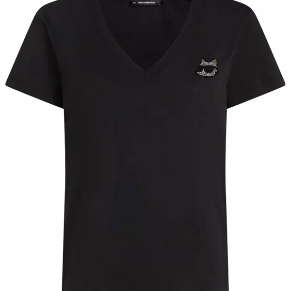 KARL LAGERFELD T-SHIRT IKON RS V-NECK REGULAR FIT LOGO ΣΤΡΑΣ ΜΑΥΡΟ