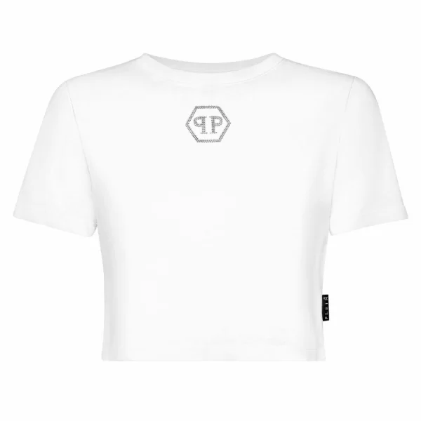 PHILIPP PLEIN T-SHIRT ROUND NECK SS CRYSTAL HEXAGON LOGO ΣΤΡΑΣ ΛΕΥΚΟ