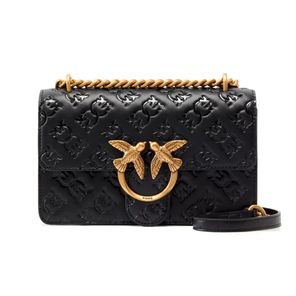 PINKO LOVE ONE MINI DC VITELLO SETA LOGO IMPRIME RIGONFIO ΜΑΥΡΟ