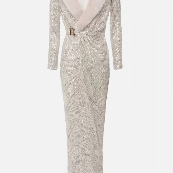 ELISABETTA FRANCHI ΦΟΡΕΜΑ RED CARPET MAXI ΠΑΓΕΤΑ ΖΩΝΗ LOGO ΑΠΟΣΠΩΜΕΝΗ ΓΟΥΝΑ ΕΚΡΟΥ