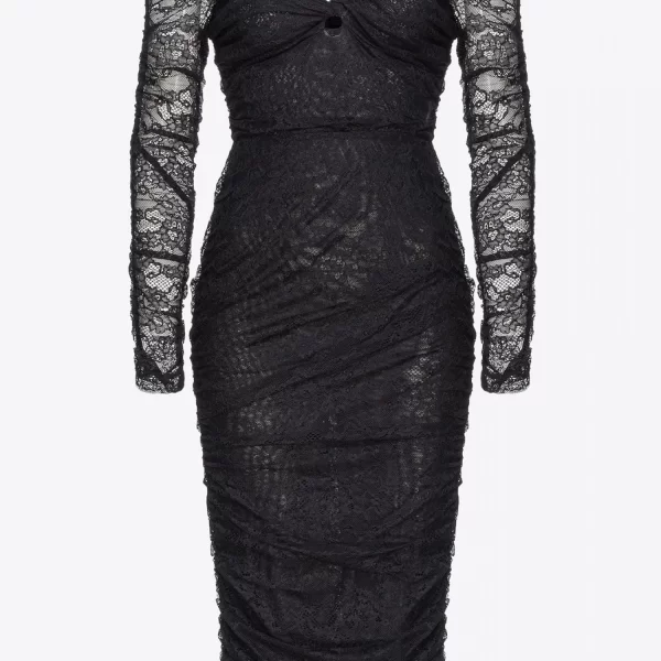 PINKO ΦΟΡΕΜΑ POLARITONE MIDI ΔΑΝΤΕΛΑ ΝΤΡΑΠΕ V-NECK ΜΑΥΡΟ