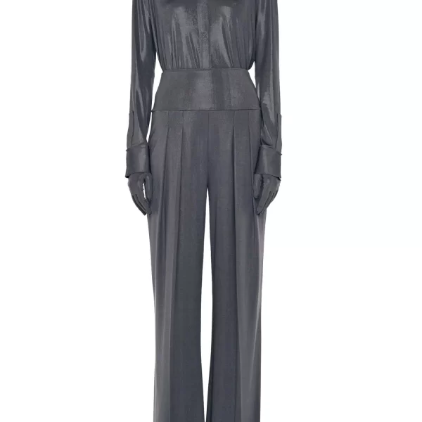 NORMA KAMALI ΠΑΝΤΕΛΟΝΑ YOKE WAISTBAND STRAIGHT LEG PLEATED TROUSER ΣΚΟΥΡΟ ΓΚΡΙ