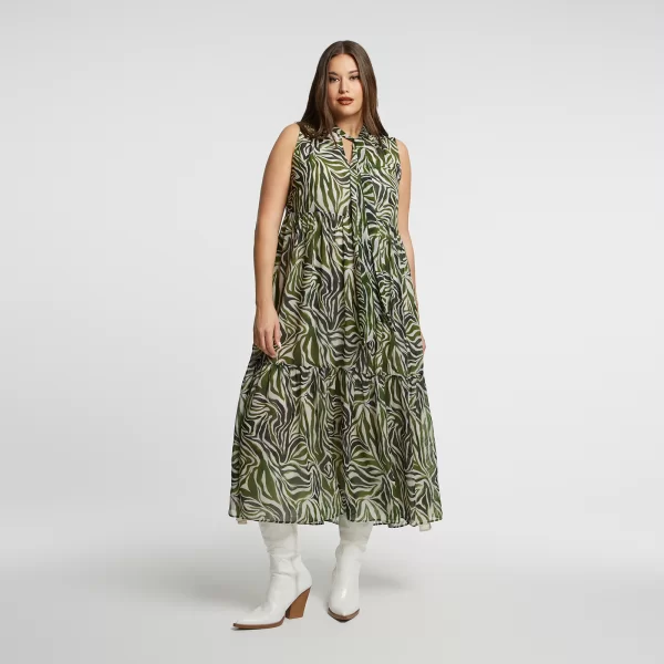 Maxi αμάνικο φόρεμα με ζεβρέ σχέδιο και δέσιμο στη λαιμό