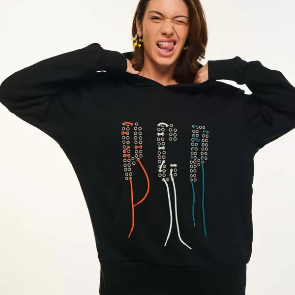 Γυναικείο Φούτερ με κουκούλα και κέντημα - LACED UP - BLACK