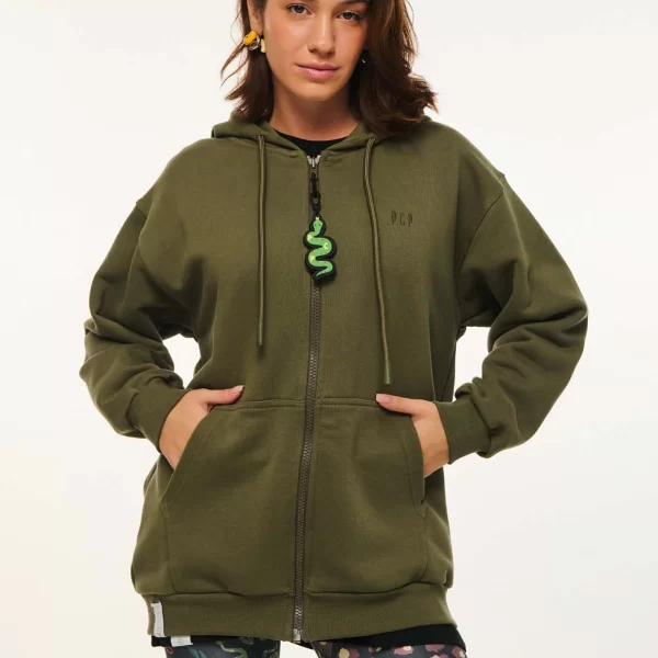 Γυναικείο Φούτερ με φερμουάρ και κέντημα - OLIVE