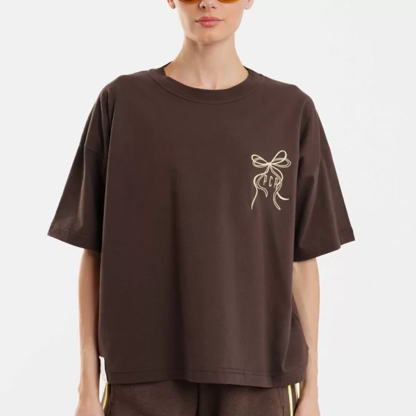 Γυναικείο Κοντομάνικο με κέντημα και τύπωμα - Bows - BROWN