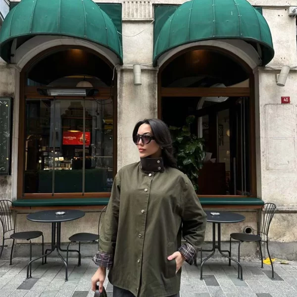 SOU BOIKA γυναικείo τζάκετ υφασμάτινη χακί μακρύ με κουμπιά