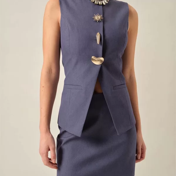 YOOP γυναίκειο τοπάκι γιλέκο με αξεσουάρ καρφίτσες μπλε