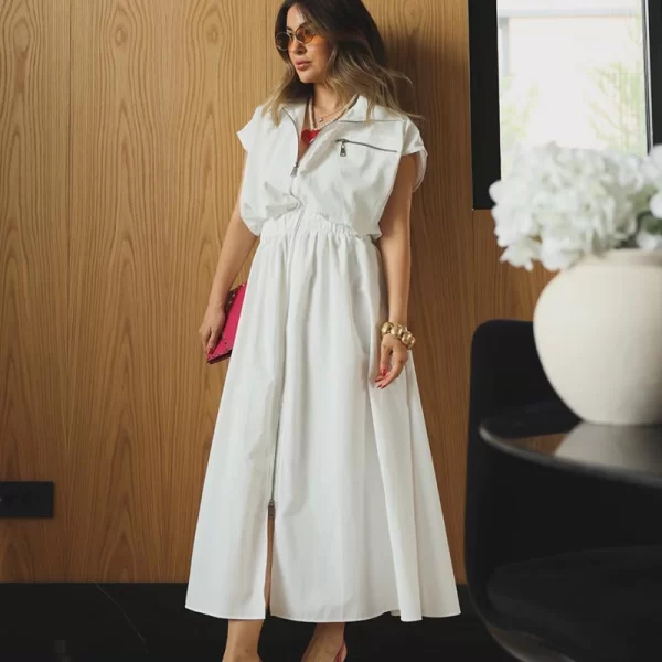 ARYA γυναίκειο φόρεμα με φερμουάρ κ λάστιχο στη μεση (λεύκο)