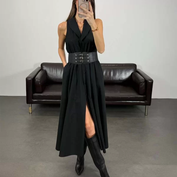 NOVA γυναικείο μακρύ αμάνικο φόρεμα με ζώνη