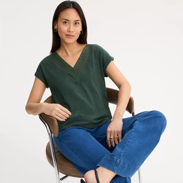 Anne Weyburn Κοντομάνικη μπλούζα με V και λεπτομέρεια από δαντέλα