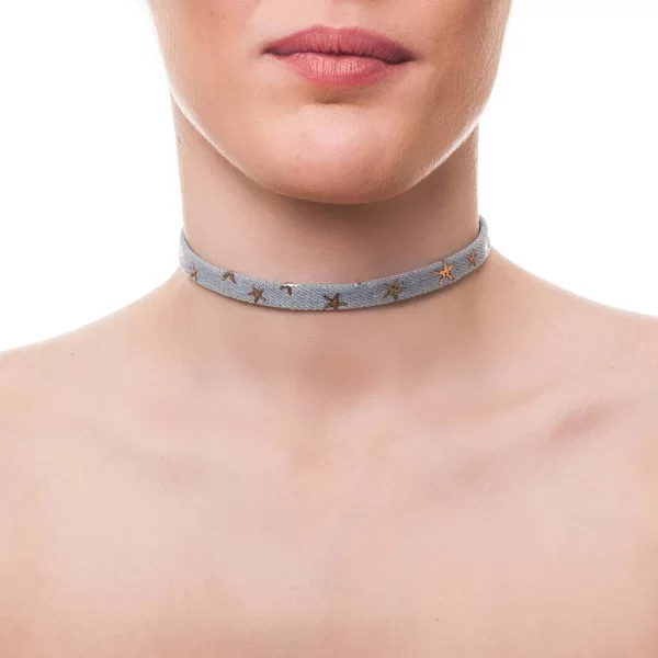 rock κολιέ τσόκερ denim stars light blue