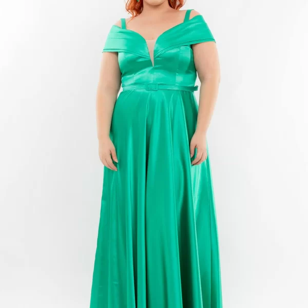 ΦΟΡΕΜΑ PLUS SIZE ΜΑΚΡΥ ΣΑΤΕΝ OFF SHOULDER ΠΡΑΣΙΝΟ