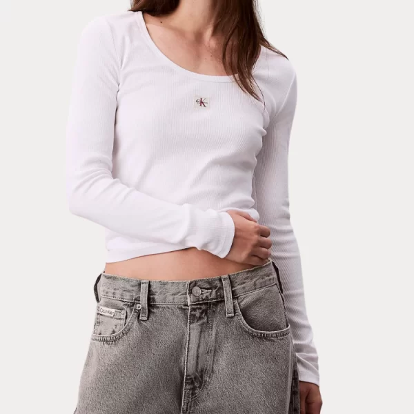 ΜΠΛΟΥΖΑ CALVIN KLEIN LS WOVEN LABEL 2X2 RIB SCOOP NEC WHITE CALVIN KLEIN