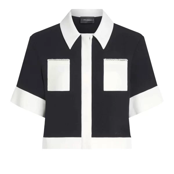 KARL LAGERFELD ΠΟΥΚΑΜΙΣΟ POLO CROPPED CHAINE DETAIL JACKET ΚΡΥΦΑ ΚΟΥΜΠΙΑ ΜΑΥΡΟ-ΕΚΡΟΥ