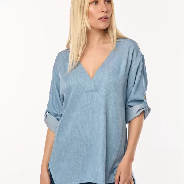 ΜΠΛΟΥΖΑ ΜΕ ΒΕ ΚΑΙ ΓΥΡΙΣΤΟ ΜΑΝΙΚΙ Μπλε