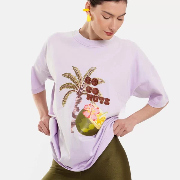 Γυναικείο Κοντομάνικο Μπλουζάκι με κέντημα και τύπωμα - Coconuts - LILAC