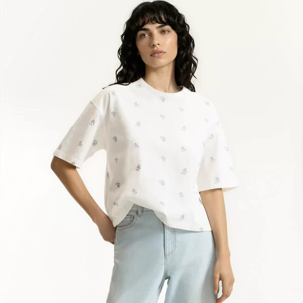 La Redoute Collections Κοντομάνικο T-shirt με στρογγυλή λαιμόκοψη και κεντητά λουλούδια