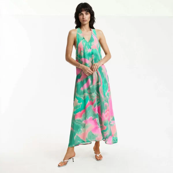 Μακρύ αμάνικο φόρεμα με V λαιμόκοψη και γραφικό μοτίβο