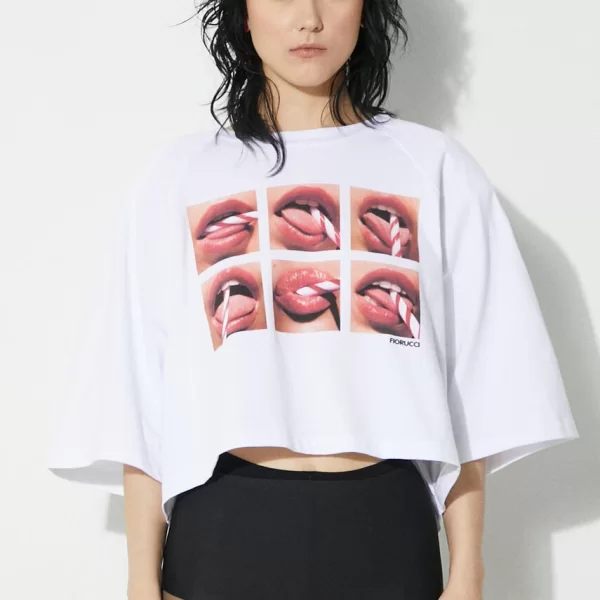 Fiorucci Βαμβακερό μπλουζάκι Fiorucci Mouth Print Cropped Padded T-Shirt