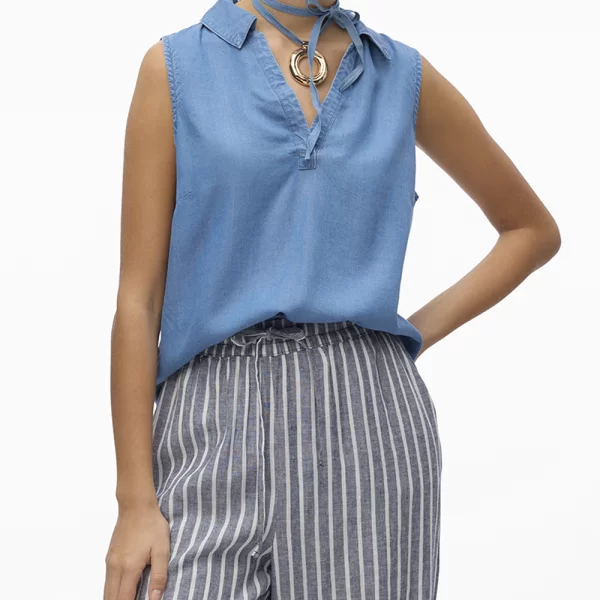 VERO MODA VMHARPER SL COLLAR SHORT TENCEL TOP GA 10283751-Medium Blue Denim DenimBlue