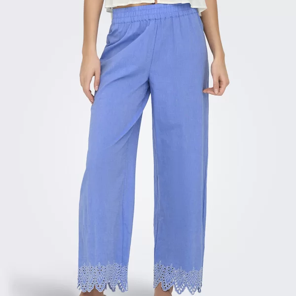 ONLY ONLPAULA TULUM EMB PULL-UP PANT NOOS WVN 15343184-Blue BonnetBRIGHTWHITEEMB Blue