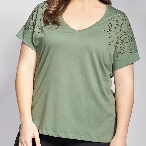 PARABITA Βαμβακερό t-shirt με σχέδια με τρουκς στους ώμους 012610100129-023 Khaki