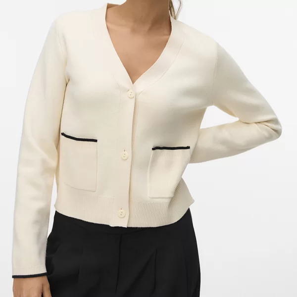 VERO MODA VMGOLD LS V-NECK CONTRAST CARDIGAN 10337638-BirchW.BLACK Cream