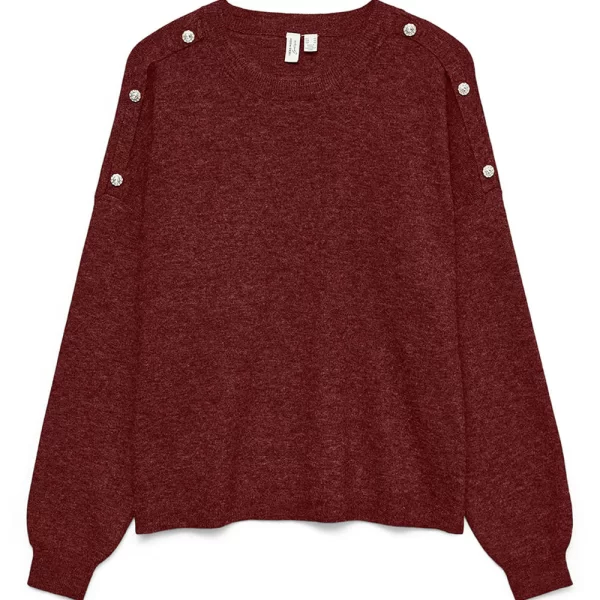 VERO MODA VMJOYA LS O-NECK BUTTON PULLOVER BTQ 10335276-SyrahW. MELANGE Bordeux