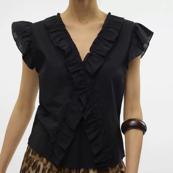 AWARE BY VERO MODA VMROXANNE SL V-NECK RUFFLE TOP VMA 10329134-BLACK Black