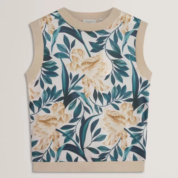 TED BAKER AYLLI Printed Woven Front Sleeveless Top 282796-IVORY Mixed