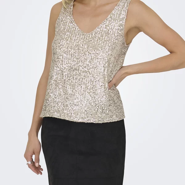 ONLY ONLANA S/L V-NECK SEQUINS TOP JRS 15307926-Pumice StoneSilversequins Cream
