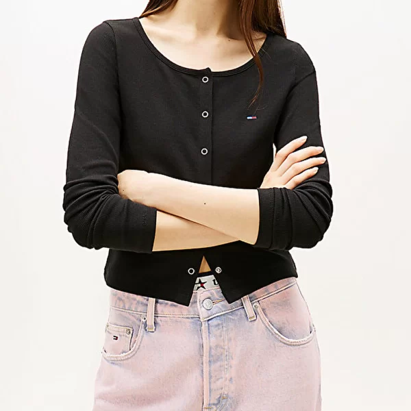 TOMMY JEANS TJW SLIM RIB SNAP BUTTON LS DW0DW22479-BDS Black