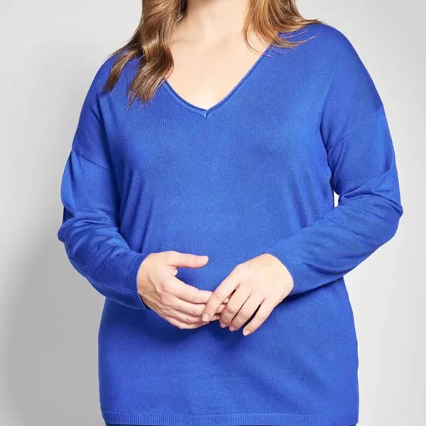 PARABITA Πλεκτή μακρυμάνικη μπλούζα με V-λαιμόκοψη 012610106291-038 Blue