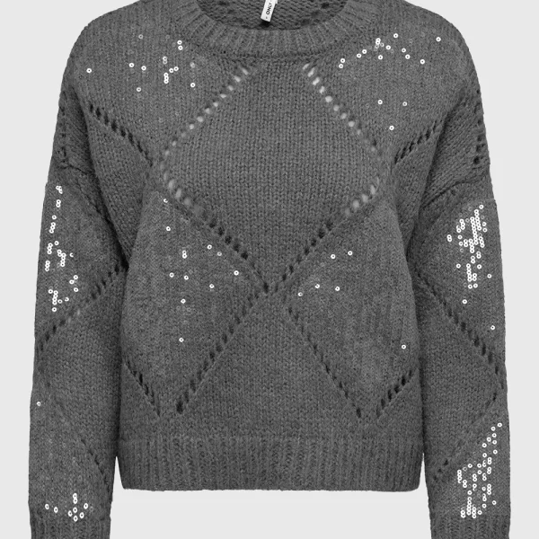 ONLY ONLKANSAS LIFE LS SEQUINS O-NECK KNT 15358402-Medium Grey MelangeClearSequin Gray