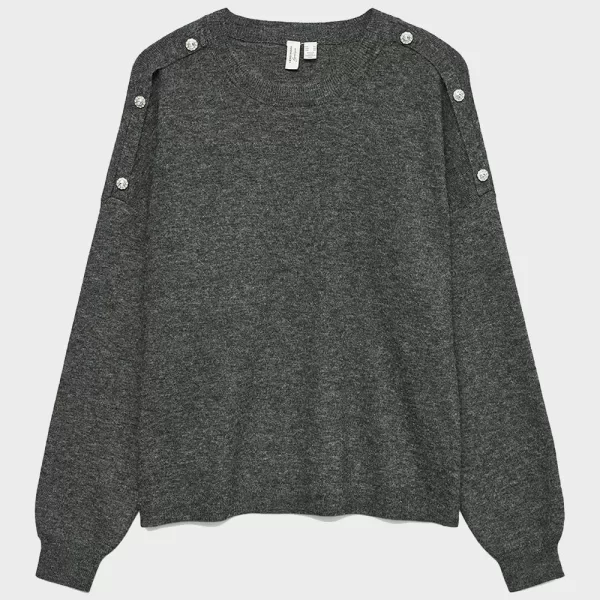 VERO MODA VMJOYA LS O-NECK BUTTON PULLOVER BTQ 10335276-Dark Grey Melange DarkGray