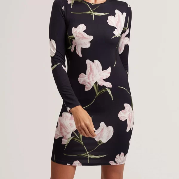 Ted Baker TED BAKER BAAFNEE Printed Long Sleeve Fitted Mini Dress 282676-NAVY NavyBlue