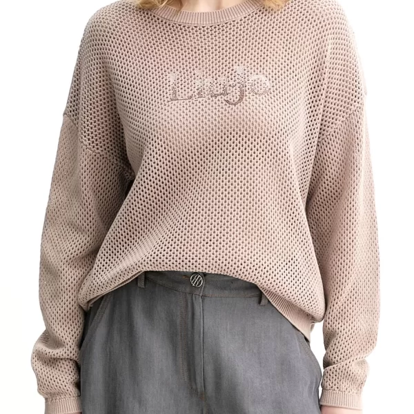 LIU-JO BETTER ΠΛΕΚΤΟ CREWNECK ΔΙΑΤΡΗΤΟ ΜΠΡΟΣΤΑ LOGO ΣΤΡΑΣ ΚΑΦΕ