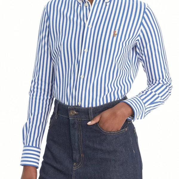 RALPH LAUREN ΠΟΥΚΑΜΙΣΟ ΡΙΓΕ CLASSICS KNIT OXFORD LOGO ΛΕΥΚΟ-ΜΠΛΕ