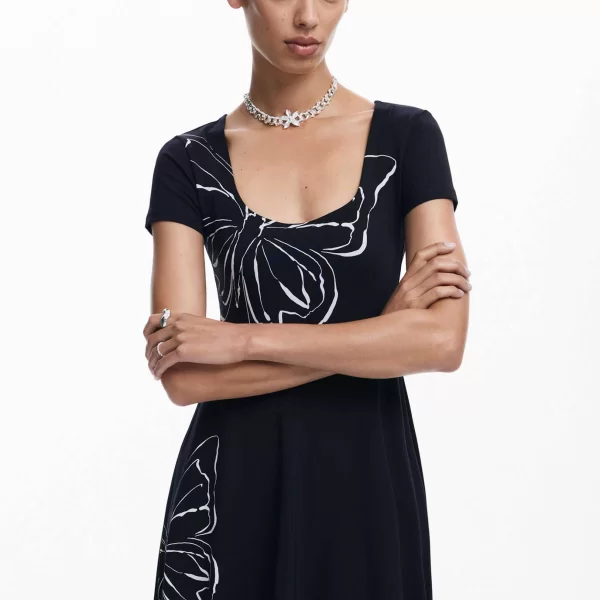 Desigual γυναικείο midi φόρεμα με all-over butterfly print Regular Fit - 24WWVK66 Μαύρο