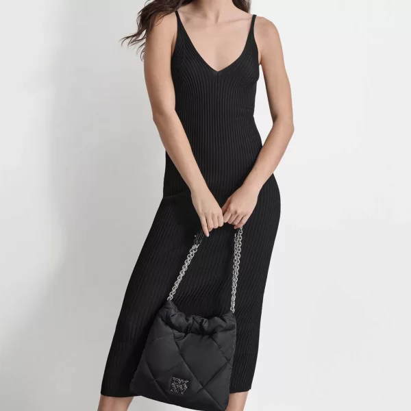DKNY γυναικείο midi φόρεμα ribbed με logo patch - D2E4A125 Μαύρο