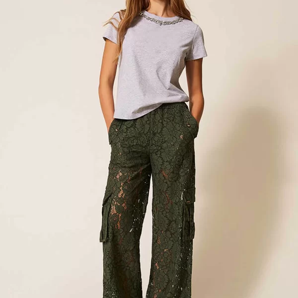 Twinset γυναικείο παντελόνι cargo δαντέλα - 261LL2AGG Λαδί