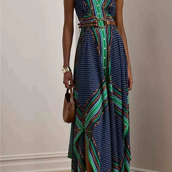 Lauren Ralph Lauren γυναικείο maxi φόρεμα αμάνικο σεμιζιέ με all-over print A-line - 200P08108001 Μπλε Σκούρο