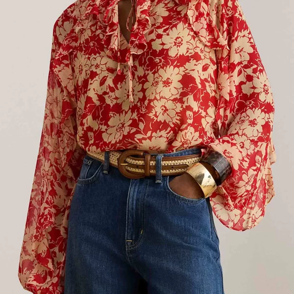 Lauren Ralph Lauren γυναικεία μπλούζα με floral print και βολάν Relaxed Fit - 200P08670001 Κόκκινο