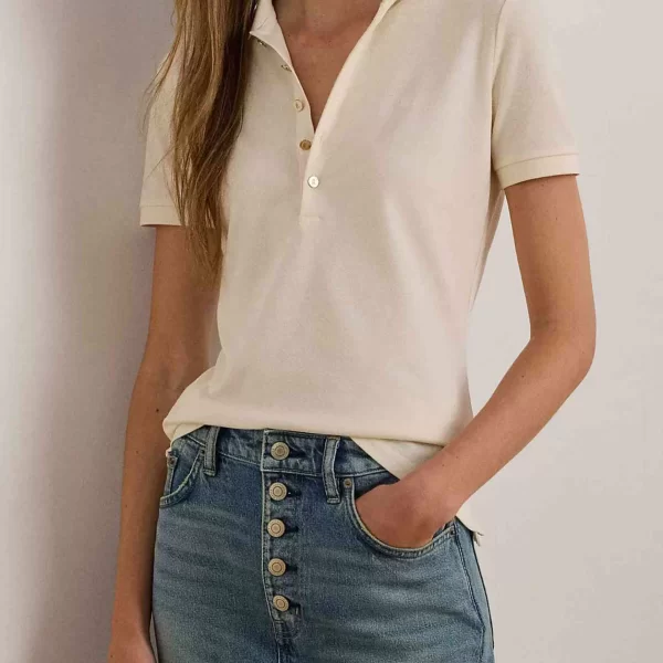 Lauren Ralph Lauren γυναικεία κοντομάνικη μπλούζα πόλο πικέ Slim Fit - 200679219010 Κρέμ