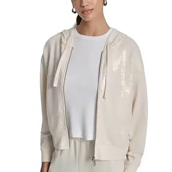 DKNY γυναικεία ζακέτα φούτερ με κουκούλα και παγιέτες - DJ6J6124 Εκρού