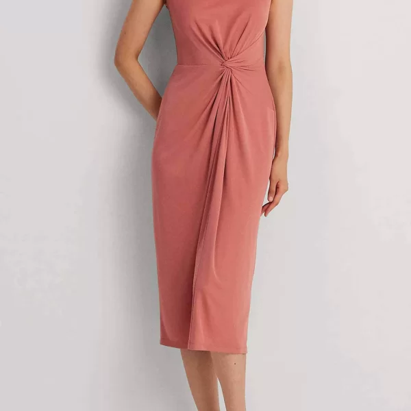 Lauren Ralph Lauren γυναικείο midi φόρεμα μονόχρωμο με στριφτή λεπτομέρεια μπροστά - 250925972001 Σομόν